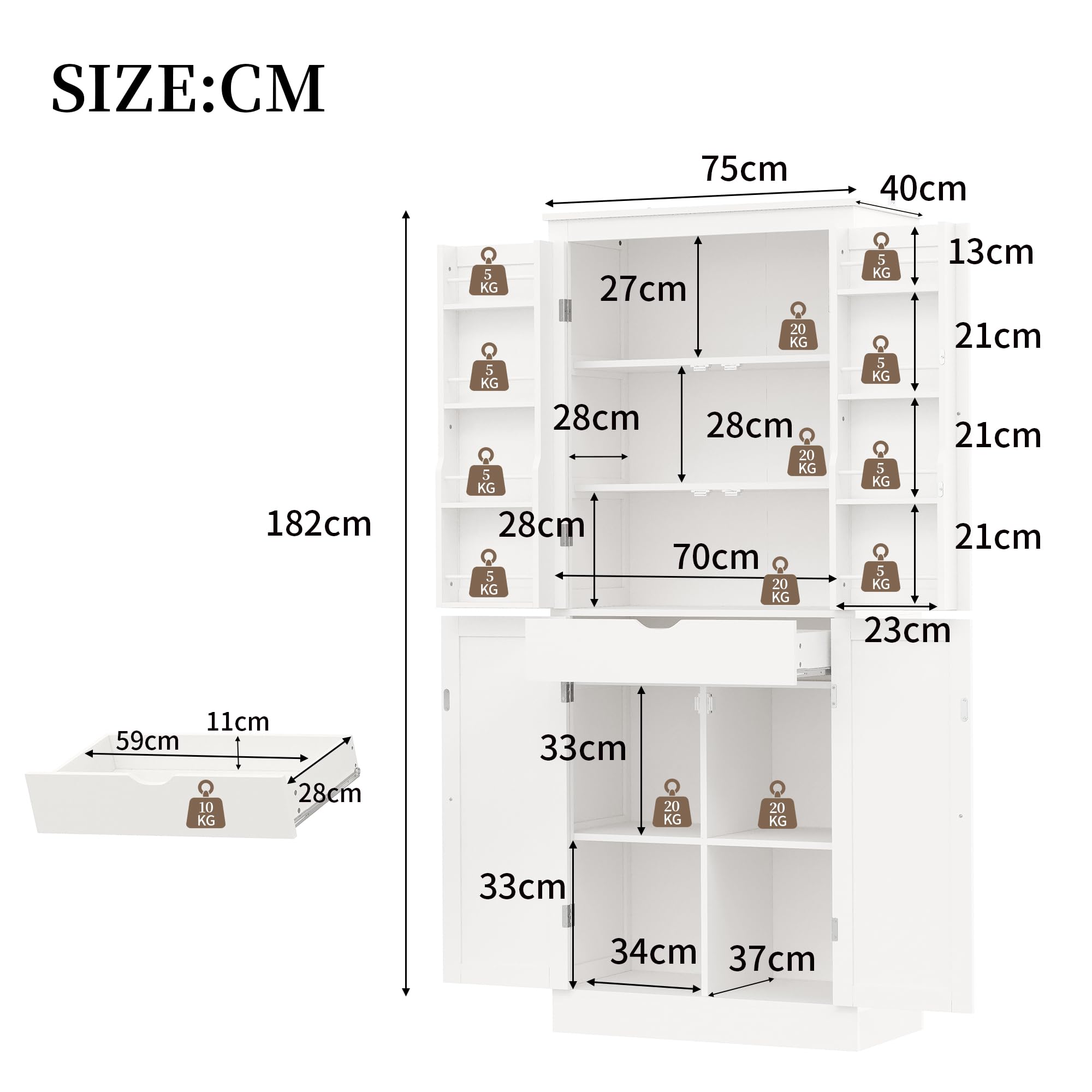 Armario de cocina de 182 cm, armario alto con 4 puertas y 1 cajón, armario de 6 compartimentos, 4 estantes ajustables y estantes para puertas, armario de almacenamiento para cocina (blanco, B)