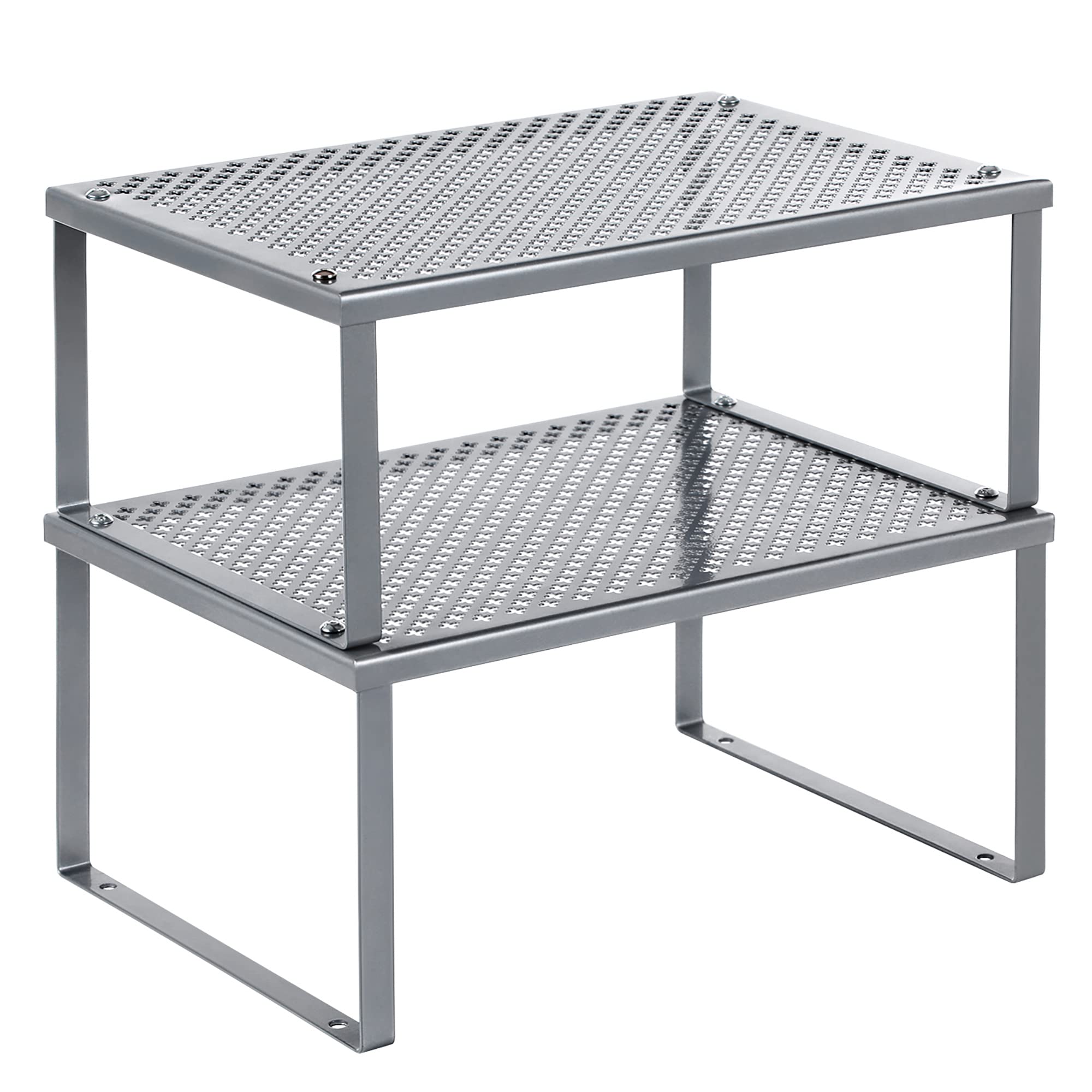 SONGMICS Set of 2 Cupboard Organisers, Kitchen Storage, Stackable, Expandable, Metal Counter Shelves, Silver KCS01SV