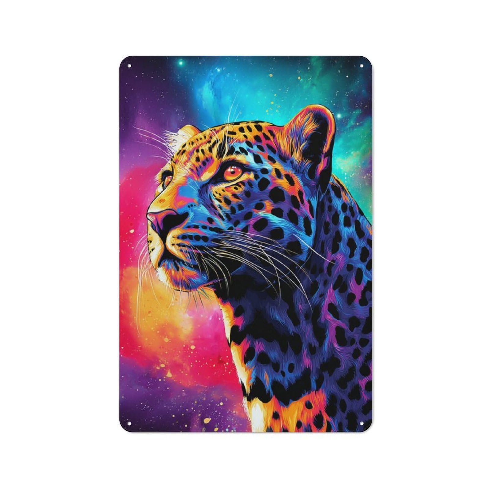 Junmoney Neon Leopard In Space -1 Metal Wall Sign 30X20cm Featuring For Café Or Restaurant, A Decorative Metal Sign For Cafés And Restaurants