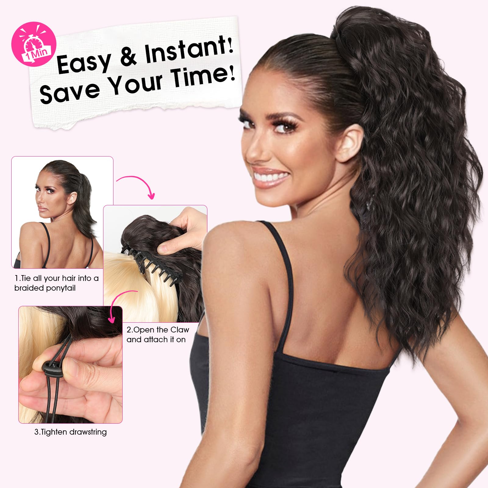 RONTAYA Extension Cheveux Naturel Clip - Postiche Cheveux Naturel Synthétique de, Multi couches duveux épais ondulé en fausses queues de poney cheveux Naturel Synthétique Brun foncé 46 cm