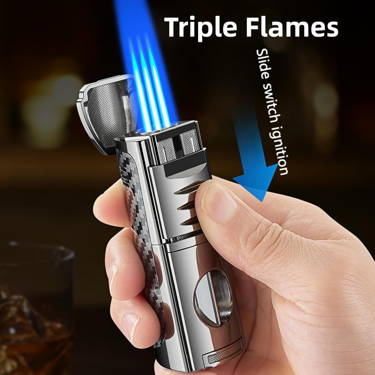 All-in-One Torch Lighter Set with V Cutter, Punch and Holder, Windproof Triple Jet Refillable Butane Lighter Kit with Present Box, Adjustable Flame (Gas Not Included)