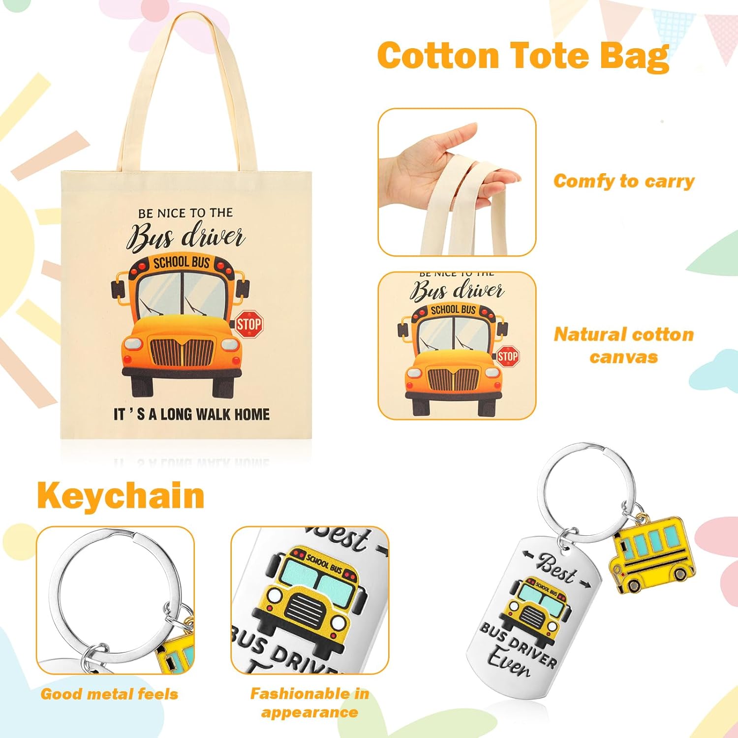 4 Pcs School Bus Driver Gifts Appreciation Gifts for Women Men 12 oz Stainless Steel Bus Driver Tumbler and Lids Funny Canvas Bag Keychain Socks(Gray Yellow,Eggshell Tumbler) - Image 4