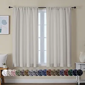 Simplebrand Ava Natural Short Blackout Curtains for Bedroom 45 Inches Long 2 Panels Set, Solid Thermal Insulated, Energy Saving Window Treatment Curtains Blackout Drapes, W40 x L45 Inch, Natural