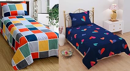 MEHAR HOME 160TC Super Soft Glace Cotton Single Bed Bedsheets Single Bedsheets with 2 Pillow Covers - Combo Pack of 2 (Single, Vibrant Checks & Blue Heart)