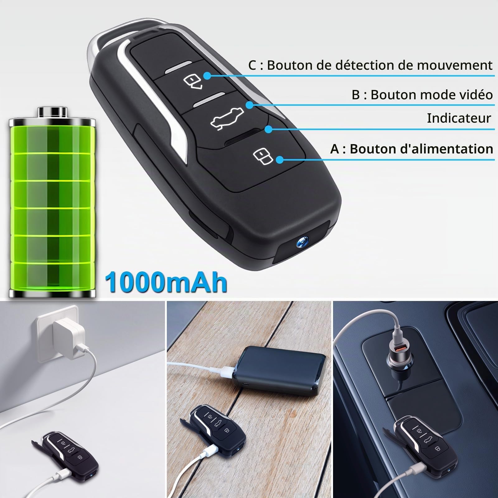 HGYGHO 64GB Mini Caméra Clé de Voiture, Petite Caméra Vidéo HD 1080P Portable Mini Caméras de Surveillance, Miniature Caméra de Sécurité avec Détection de Mouvement pour la Maison et Le Bureau