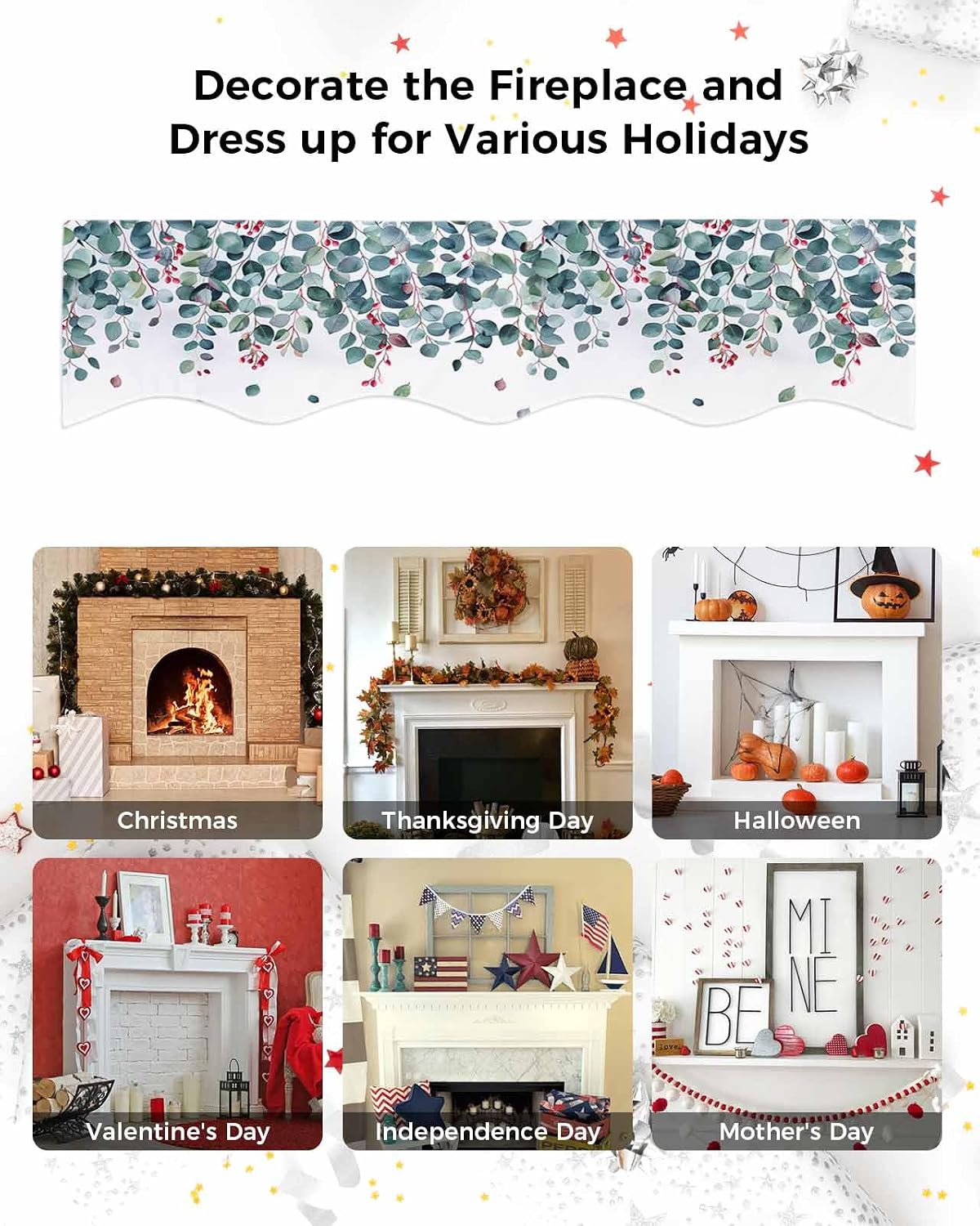 T&H XHome Mantle Scarf 60 x 17 Inch Spring Summer Fireplace Decorations Watercolor Green Eucalyptus Leaves Plants Mantel Cover Runner for Holiday Home Living Room Indoor Decor