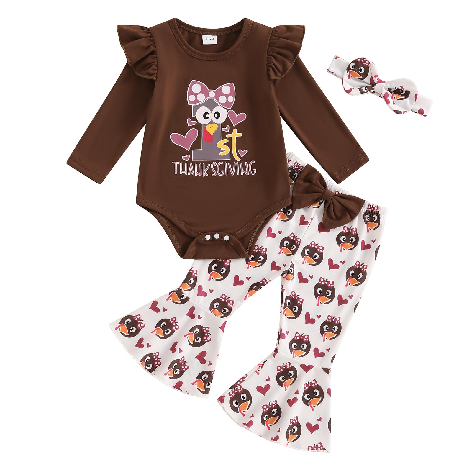 Honganda Newborn Baby Girl Thanksgiving Outfit Ruffle Long Sleeve Romper+Turkey Flare Pants+Headband 3Pcs Clothes Set (Brown-white, 12-18 Months)