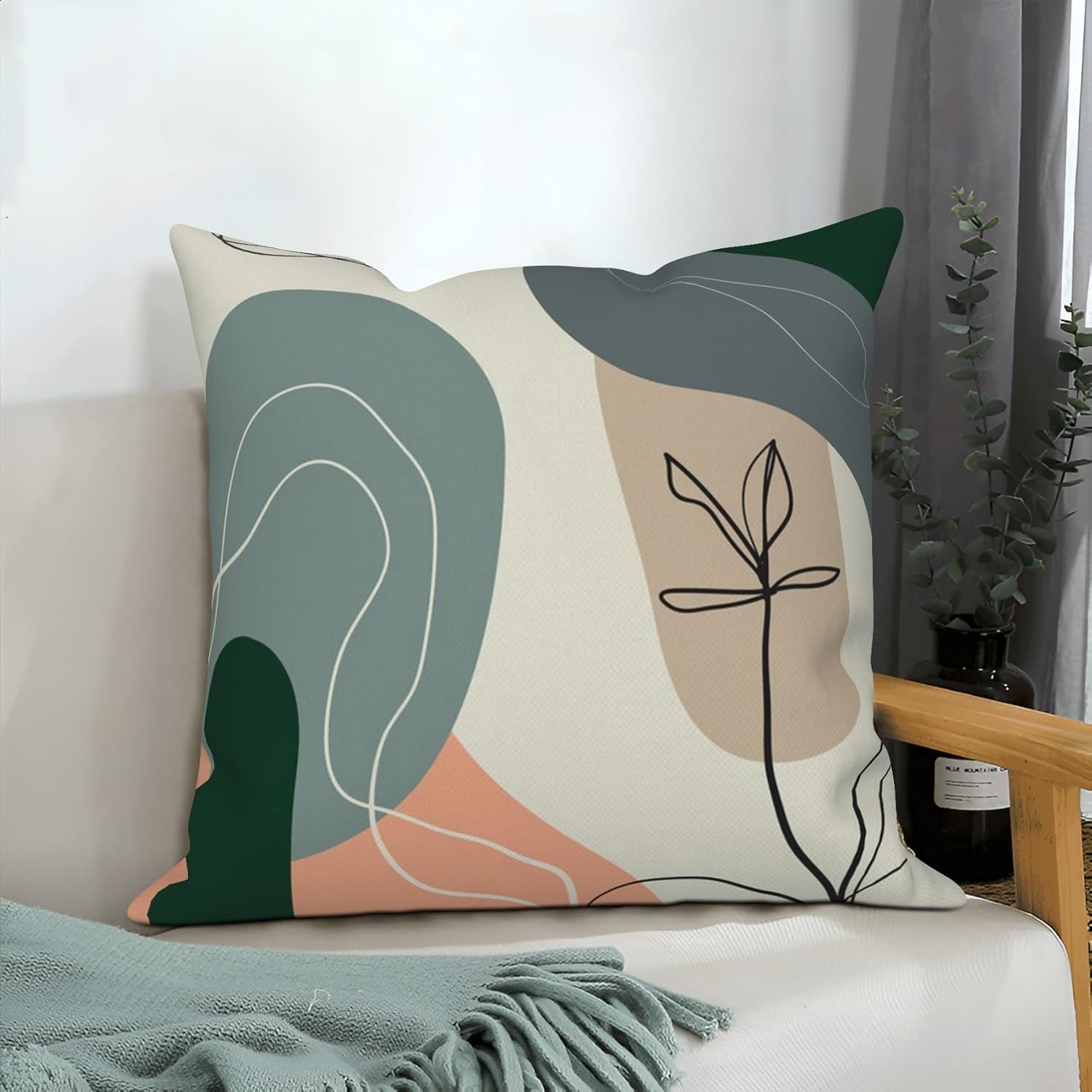4 Pcs/Set Leaves Throw Pillow Covers Boho Geometric Lines Botanical Leaf Patchwork Color Plants Minimalist Linen Cushion Case for Couch Sofa Bedroom Decorative, 20"x20"