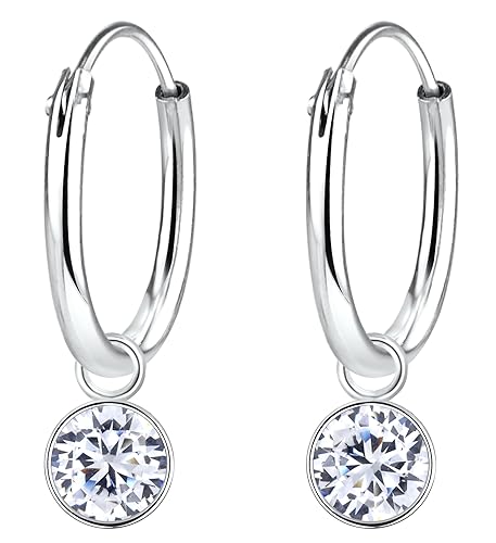 Aww So Cute 92.5-925 Sterling Silver 4mm Round Cubic Zirconia Charm 12mm Hoop Earrings for Kids Girls Pure Silver (ER1707)