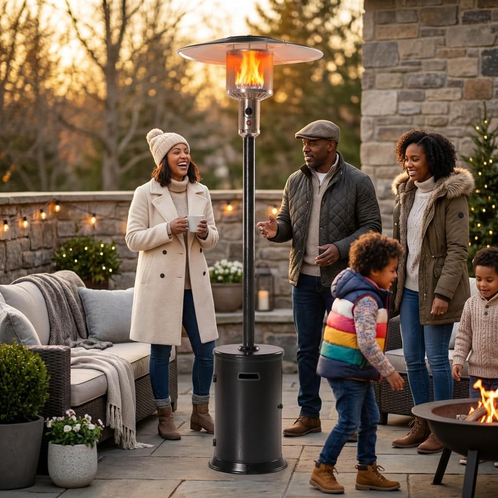 47000 BTU Outdoor Patio Heater With Round Table Design, Double-Layer 304 Stainless Steel Burner and Wheels,Propane Gas Standing Heater,20-Foot Radius, Black Hammered Finish
