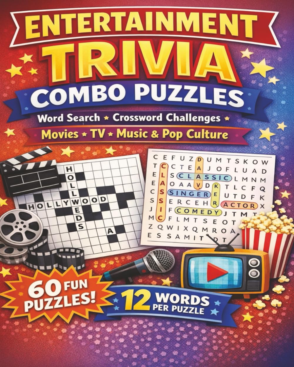 Entertainment Trivia Combo Puzzles: Word Search & Crossword Challenges Featuring Movies, TV, Music & Pop Culture