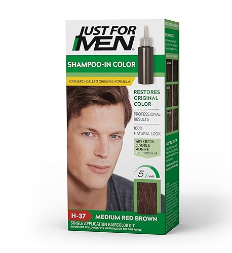 Just For Men Tinte para el cabello con champú para hombre con vitamina E para cabello más fuerte marrón rojo medio H-37