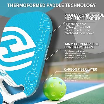 Pickleball Paddles, Professional T700 Carbon Fiber Pickleball Paddle with Aero Throat, Polymer Core, Increased Power for Ultimate Spin & Consistency (Blue)