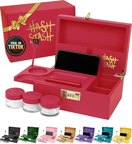 Miniatura 19 de HASHSTASH La Caja de Almacenamiento OG - Caja Grande de Bambú con Cerradura de Combinación, Tapa Magnética, Bandeja Organizadora, Tubo Hermético y 3