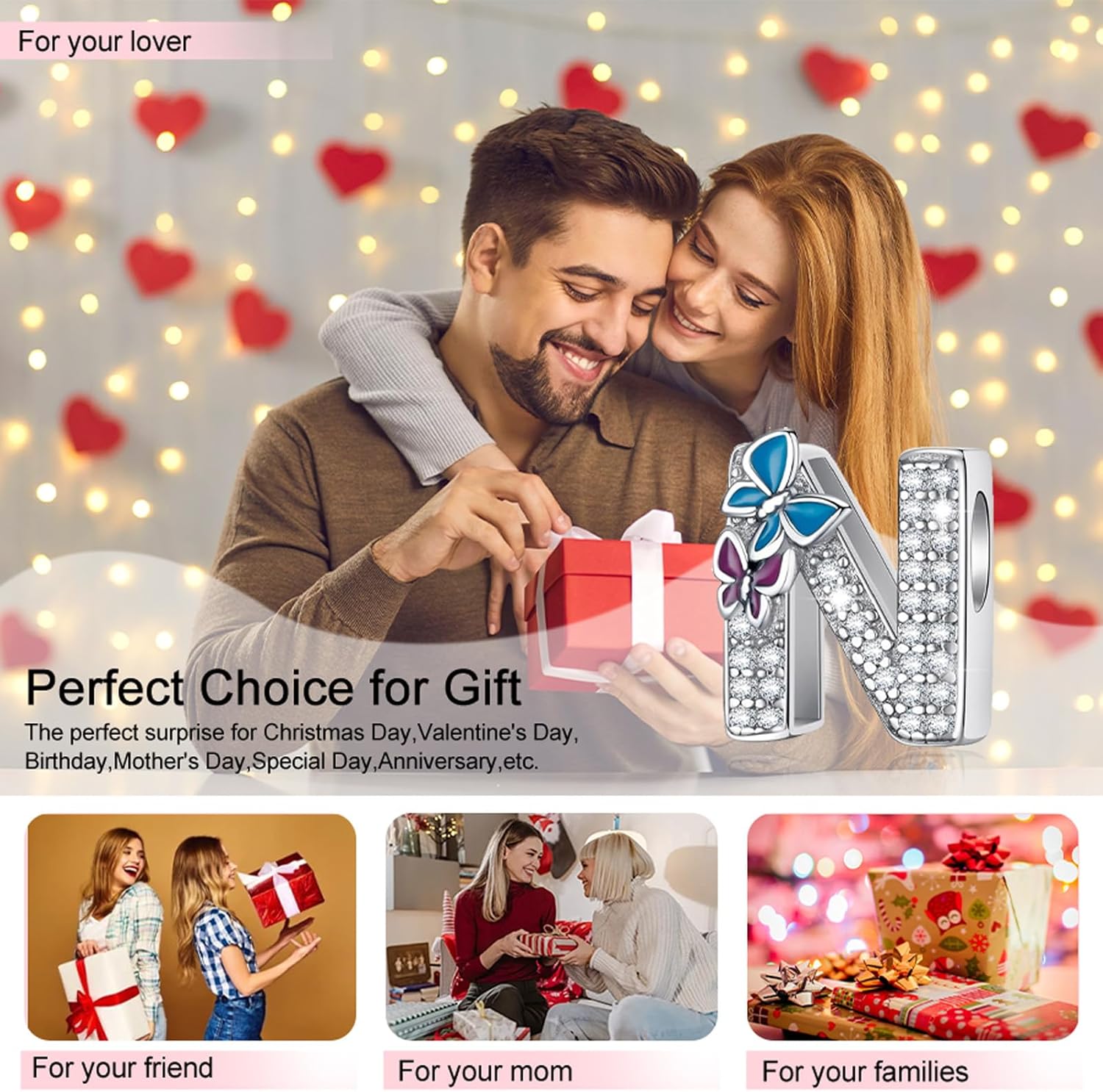 Butterfly-Letter Initial-Alphabet Bead Charms - S925 Sterling Silver A~Z Letters Charms with Cubic Zircon Stones, Butterfly Alphabet Beads fit Pandora Bracelets Valentines Gifts for Wife/Girlfriend Women - Image 7