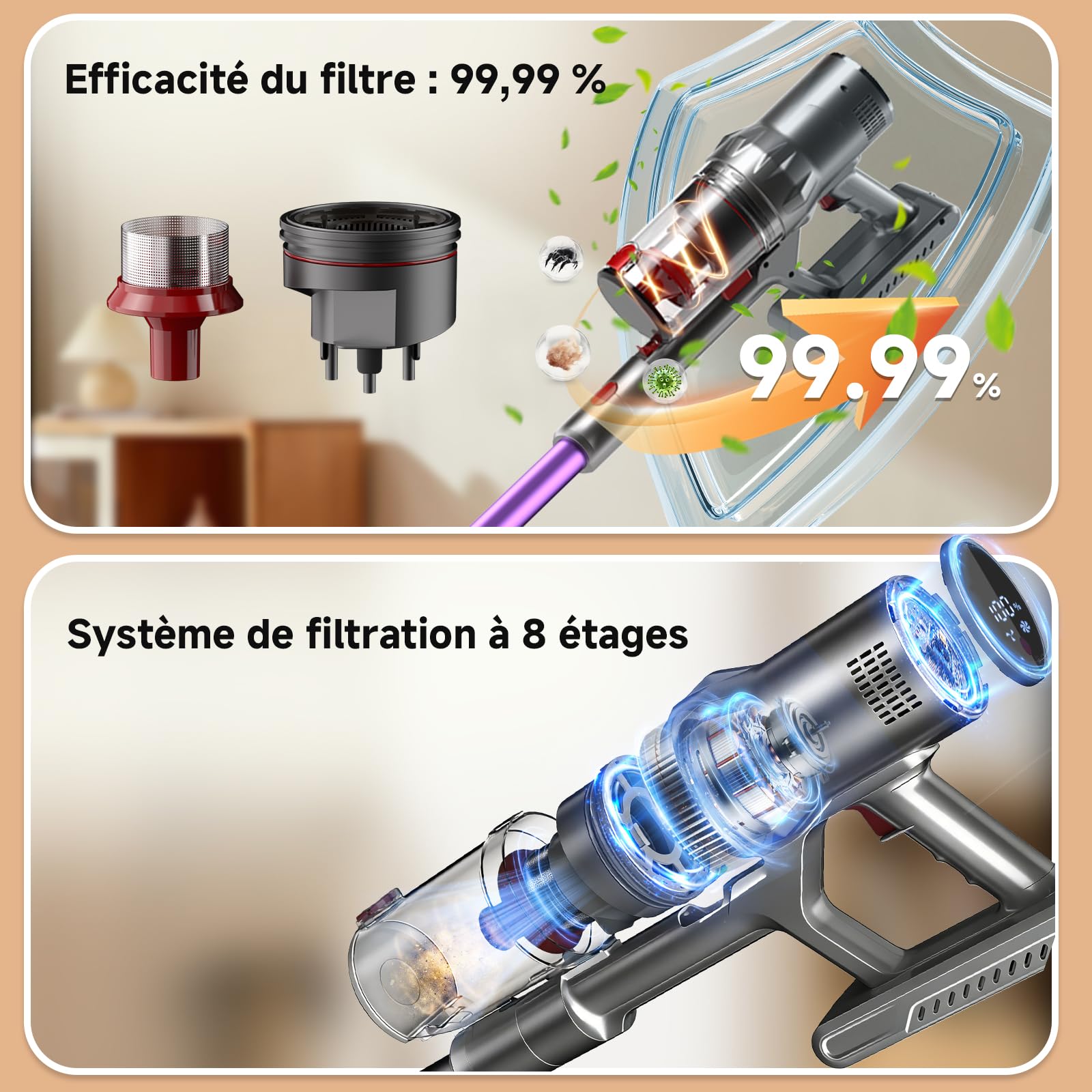 Hearten Aspirateur Balai sans Fil, 70000 Pa/70 Min, Ultra-Silencieux, avec Écran LED, Brosse Anti-Emmêlement en V, Utilisation Simplifiée, Tient Debout, pour Tapis, Sols Durs et Animaux