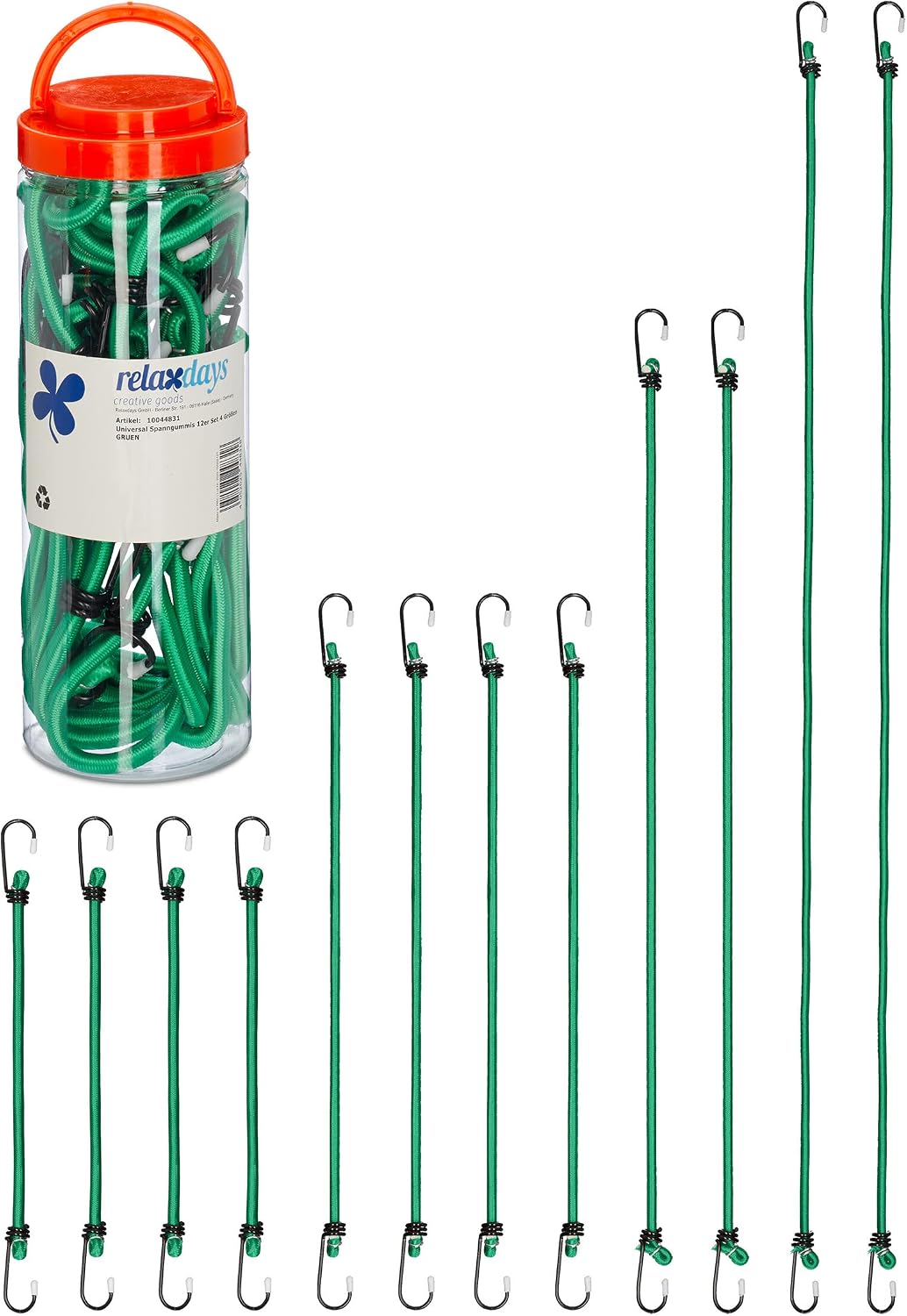 Relaxdays Rubber Tensioner with Hooks, Set of 60, Rubber Tensioner for Bicycle, 4 Sizes, Universal, Green