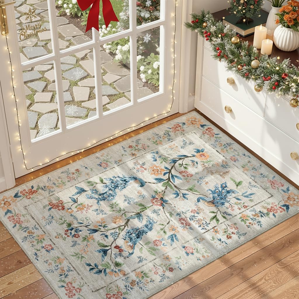GarveeHome Small Entryway Rug 2x3 Beige Washable Front Door Rug Indoor Entrance Floral Peacock Carpet Non-Slip Low Pile