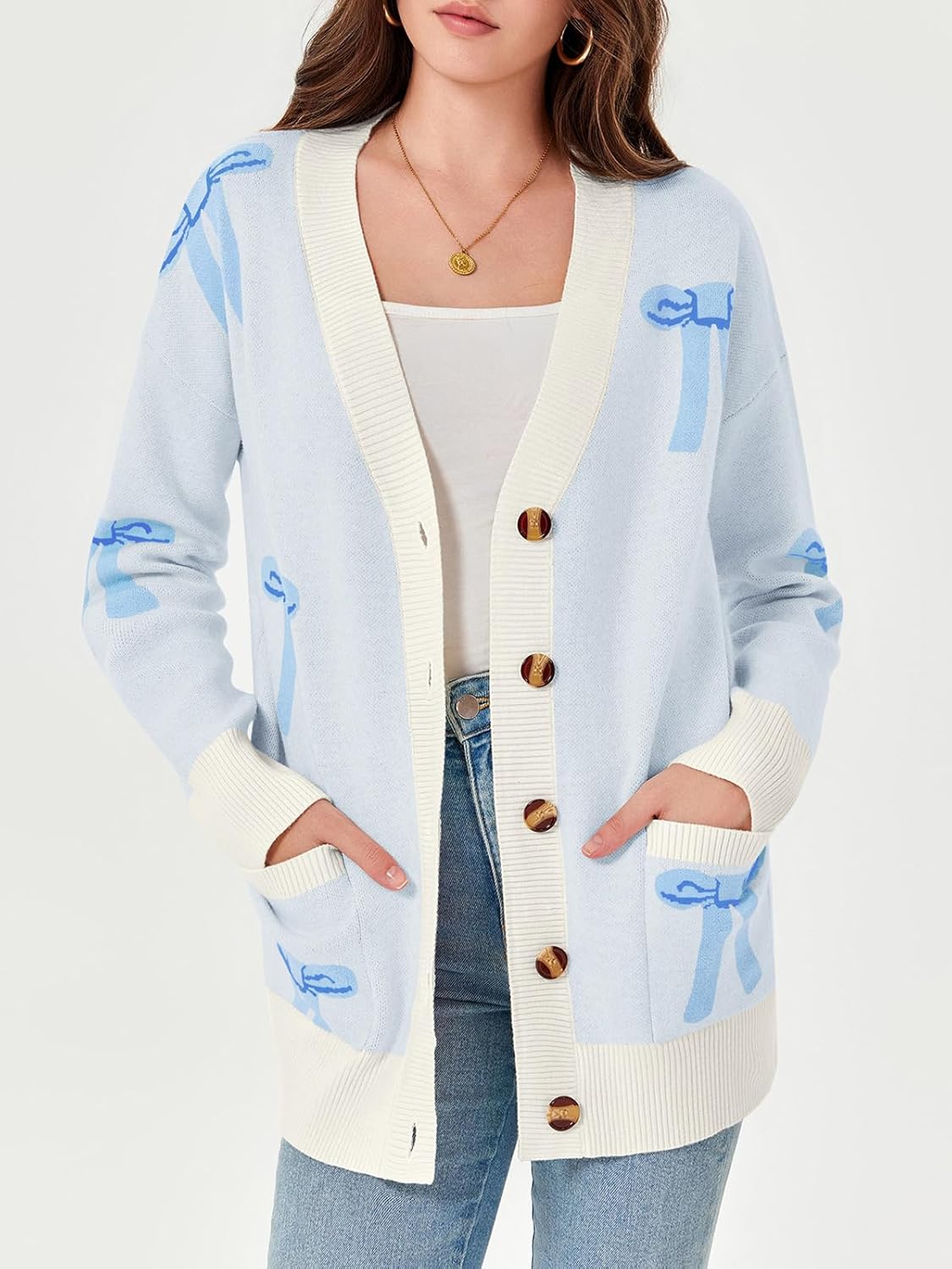 Saodimallsu Womens Oversized Cardigan Sweaters Bow Printed Button V Neck Long Sleeve Loose Knit Fall Trendy Coats - Image 3