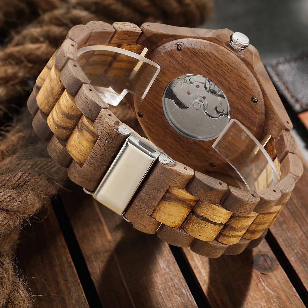 Tiong Orologio da uomo in legno, meccanico, scheletro, movimento automatico, Mwd-03moon, Retrò | Orologio da uomo retrò leggero con scatola regalo in legno, classico orologio in legno come regalo per uomini