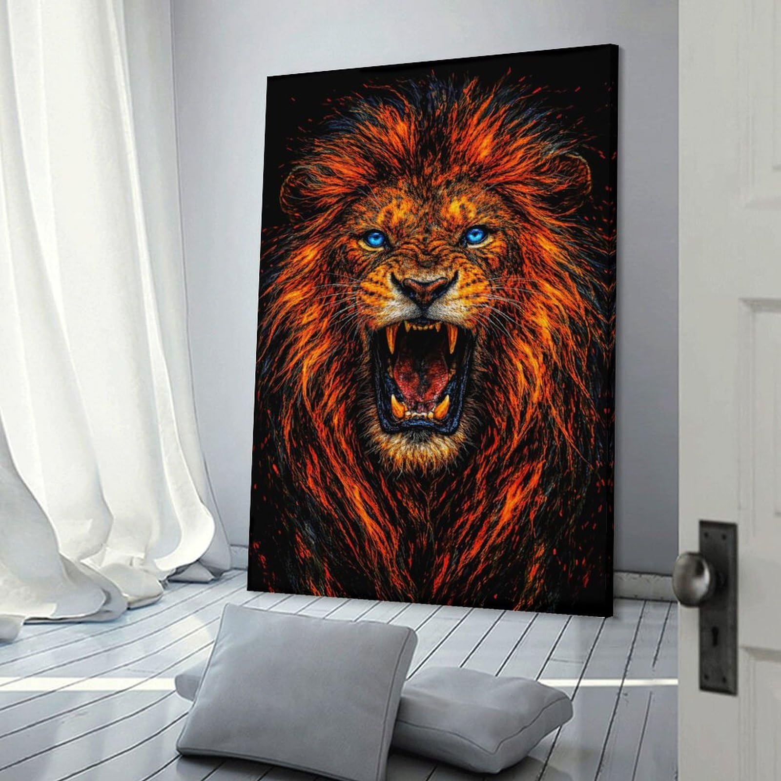 Junmoney Roaring Lion with Fiery Mane Canvas Art Print, 16x24inch(40x60cm), for Wall Displays, Bedrooms Or Room Updates, Home Wall Art for Statement Displays
