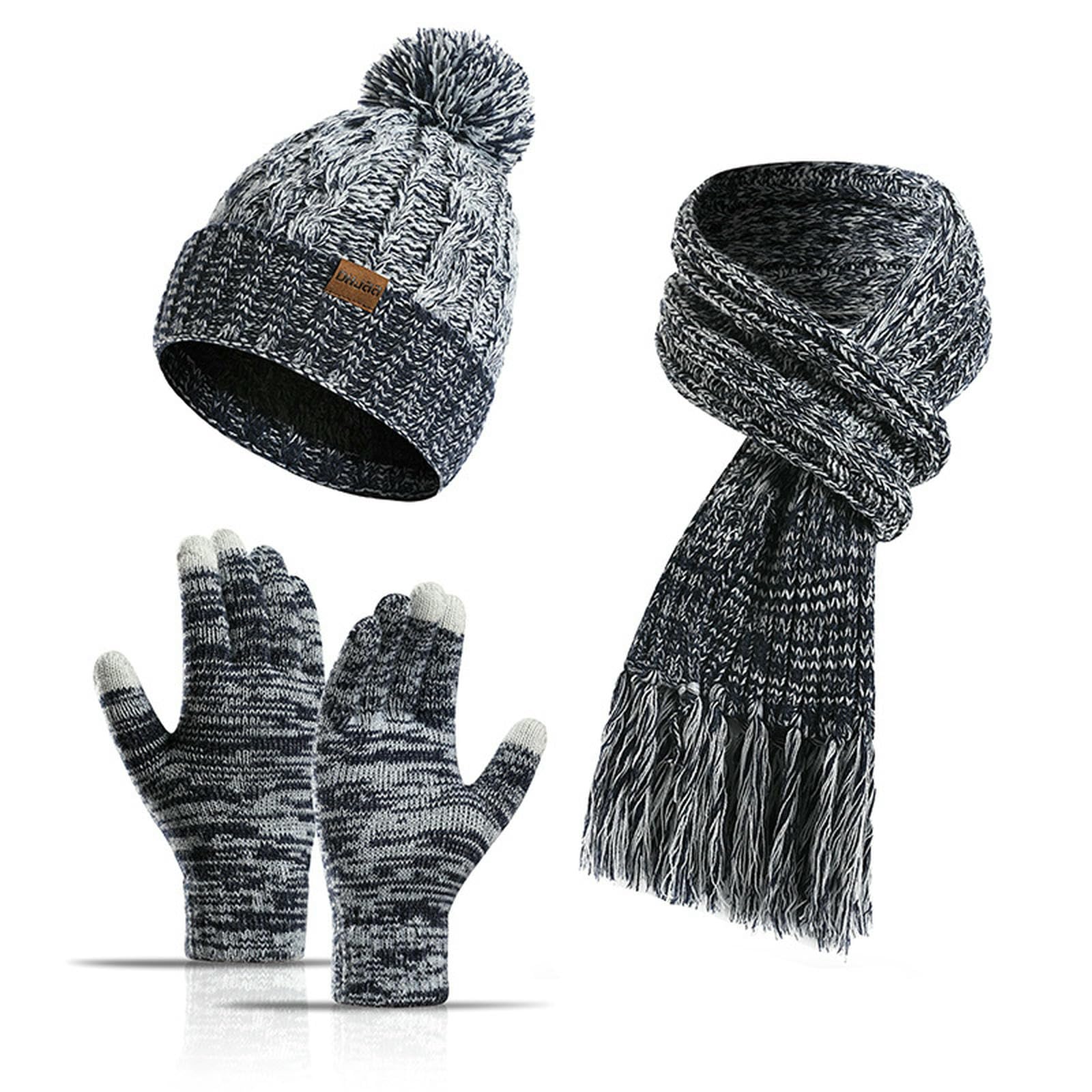 Wintermütze Schal Handschuhe Set Winter-Strickwolle, Bunte Mütze, Dicker Schal, Touchscreen-Handschuhe, Dreiteiliges Set-schwarz