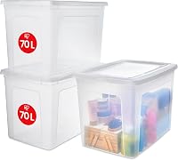 Set cutii de depozitare Iris Ohyama MCB-70, 70L, plastic transparent, 3 bucăți, stivuibile, cu capac, pentru dulap, raft, încălțăminte și rechizite școlare 1