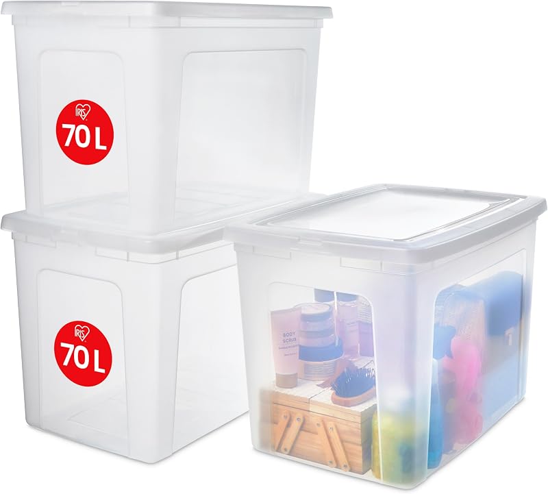 Set cutii de depozitare Iris Ohyama MCB-70, 70L, plastic transparent, 3 bucăți, stivuibile, cu capac, pentru dulap, raft, încălțăminte și rechizite școlare