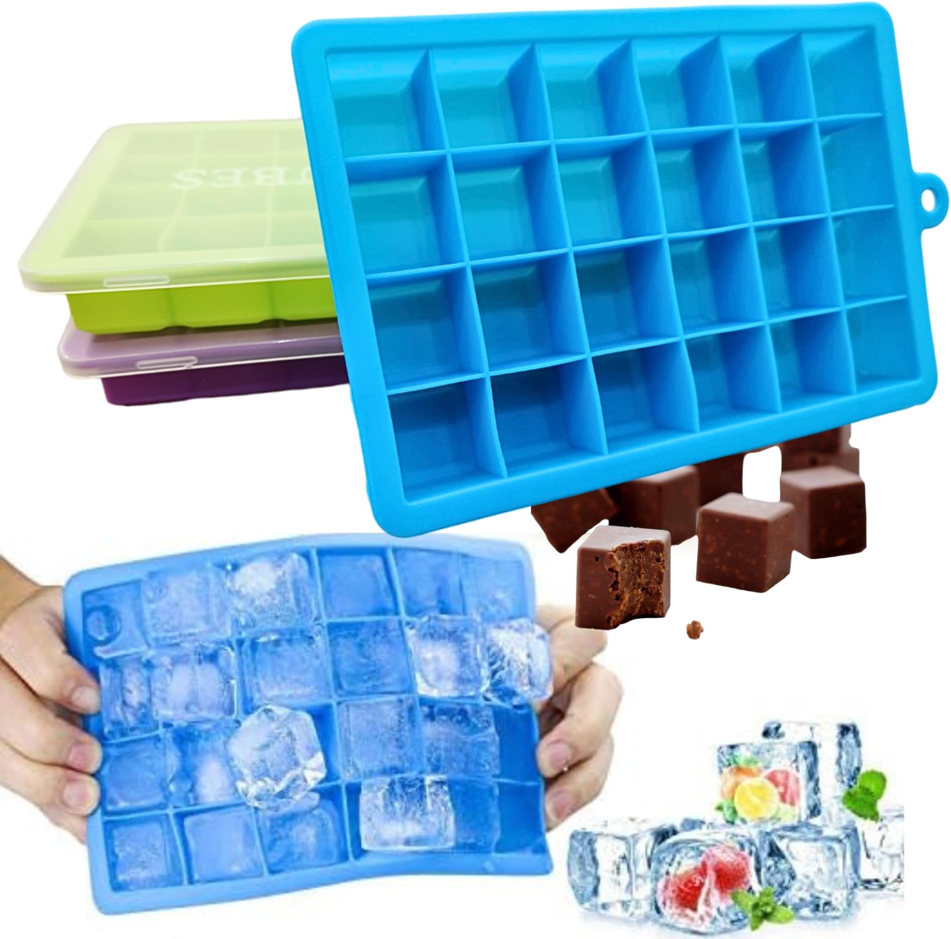 XICE CUBES - Ice Cube Tray Silicone with Lid – Food-Grade Ice Cube Maker Mold for Freezer, Small Mini Cubes Tray for Baby Food, Chocolate, Easy-Release Silicon Trays, Perfect for Home Use, Pack of 3