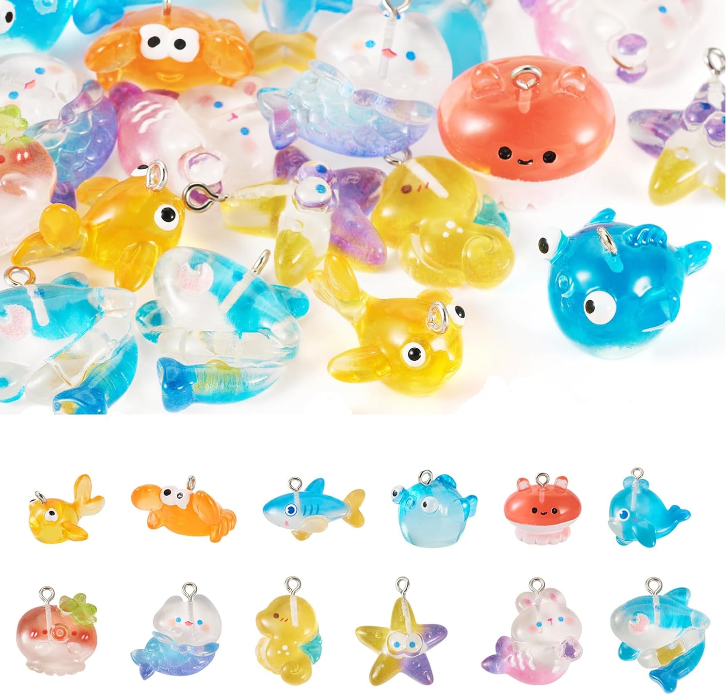 Ocean Animal Resin Charms Cute Cartoon Sea Animal Pendants Sea Creature Charms Lovely Marine Life Hang Ornament for DIY Crafts Earring Necklace Keychain Jewelry Making