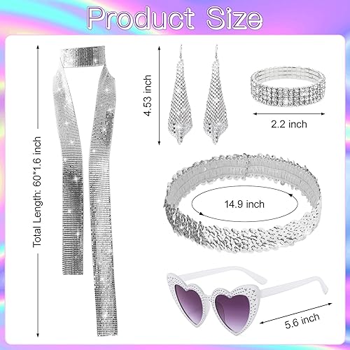 Miniatura 4 de Accesorios de discoteca de los años 70 para mujer, juego de disfraz de discoteca de los años 70, aretes de discoteca, bufanda de lentejuelas, lentes