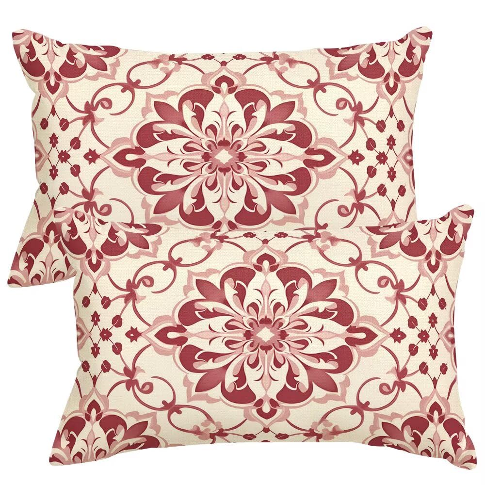 Cushion Covers 50cm x 80cm Geometric Flowers Cushion Cover 20 x 32 Inches Pack of 2 Throw Pillow Covers Retro Sofa Cushions Polyester Linen Pillowcases for Couch Living Room Bedroom Home Decor -SC523