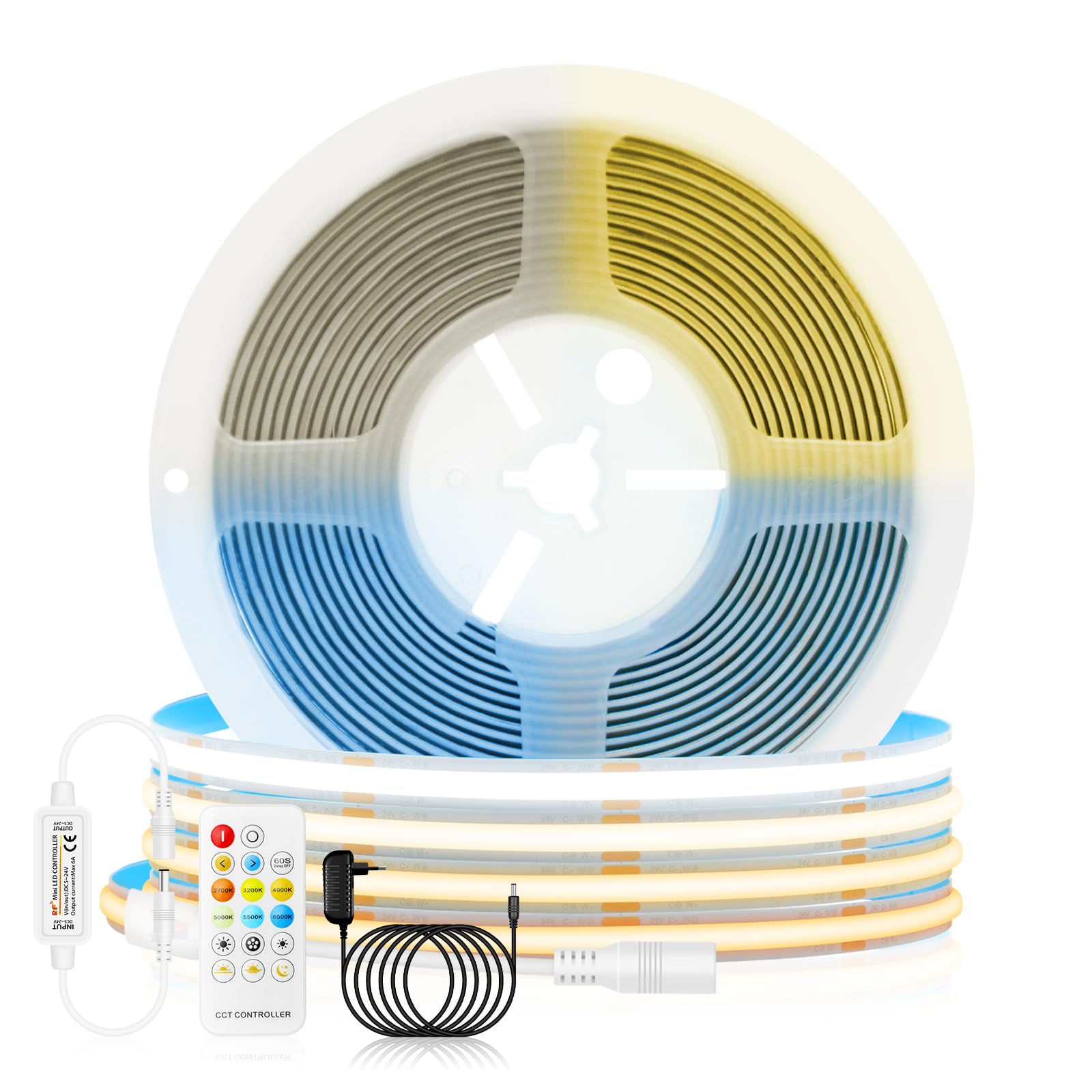 10M COB LED Streifen, 24V CCT Dimmbar Weiß 2700K-6500K LED Strip Set, 576LED/m Hohe Dichte Flex Selbstklebend COB LED Leiste Lichtband Strip für DIY Innenbeleuchtung Projekte