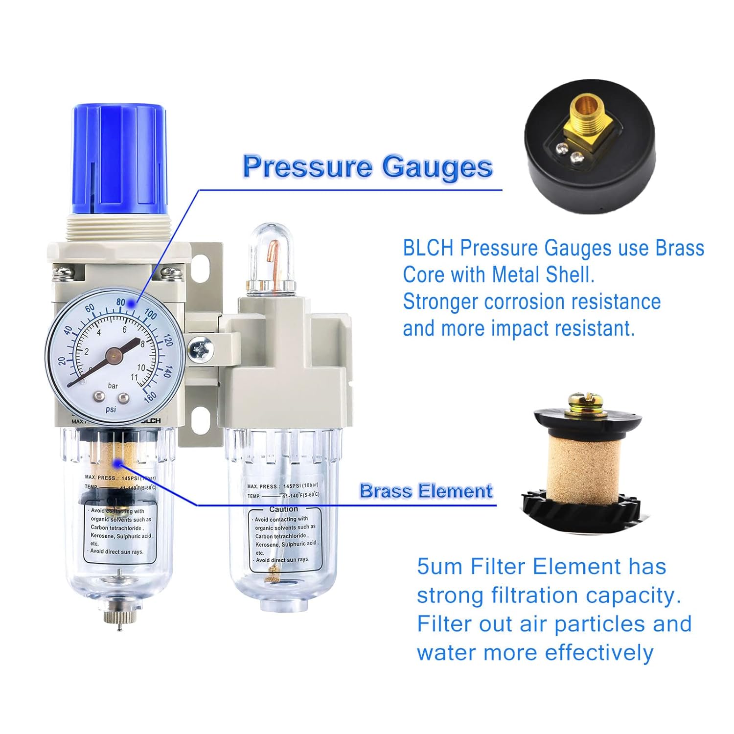 BLCH 1/4" NPT Air Compressor Water Separator - Air Pressure Regulator Compressed Air Filter Regulator Lubricator Combo AC2010-02 Manual Drain Poly Bowl Gauge 0-160 PSI 5μm Brass - Image 3