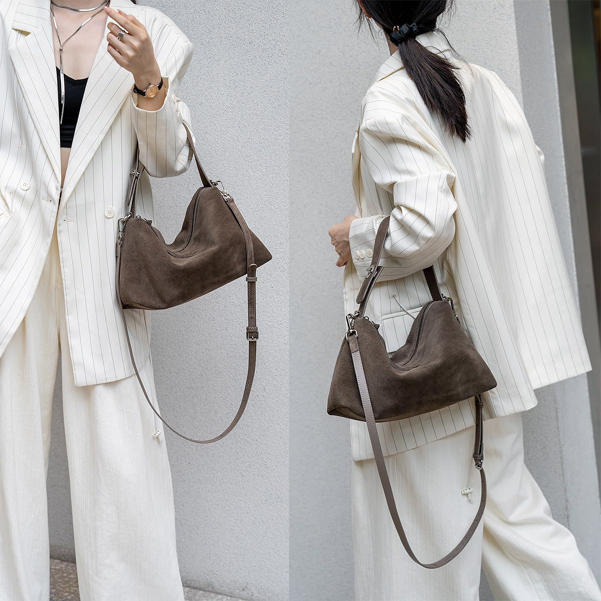DONNAIN Premium Wildleder Tasche Damen aus Halbmondform, Handtasche Leder, Lederhandtasche Damen Echtleder, Umhängetasche, Elegant Suede Bag mit verstellbarem Riemen