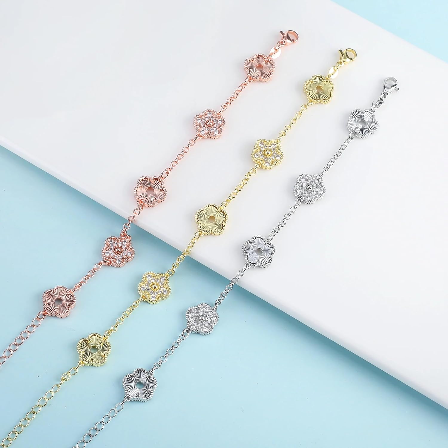 14K Gold Filled Clover Lucky Bracelet For Women - Double Sided Stone Plant Five Leaf Flower Adjustable Zircon Bracelet, Clover Bracelet, 4 Leaf Clover Bracelet (Gold - Clover Bracelet) - Image 3