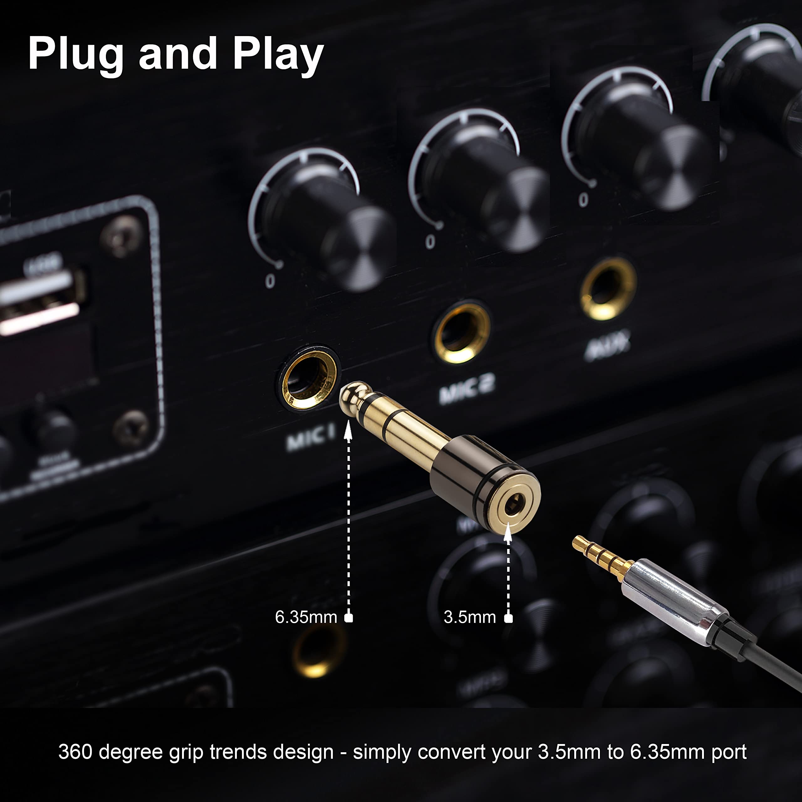 3 adaptadores de audio estéreo de 6,35 mm 1/4 macho a 3,5 mm 1/8 hembra, adaptador de auriculares estéreo chapado en oro para smartphones, tabletas, auriculares, altavoz, guitarra