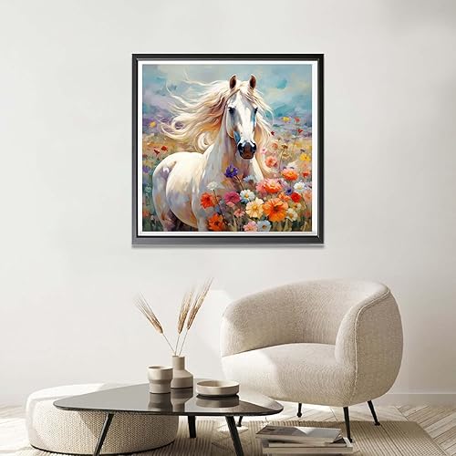 Miniatura 4 de Sheehow - Kit de pintura de diamantes 5D con diseño de caballo blanco, taladro completo, arte de diamantes de imitación, arte de flores, imágenes de