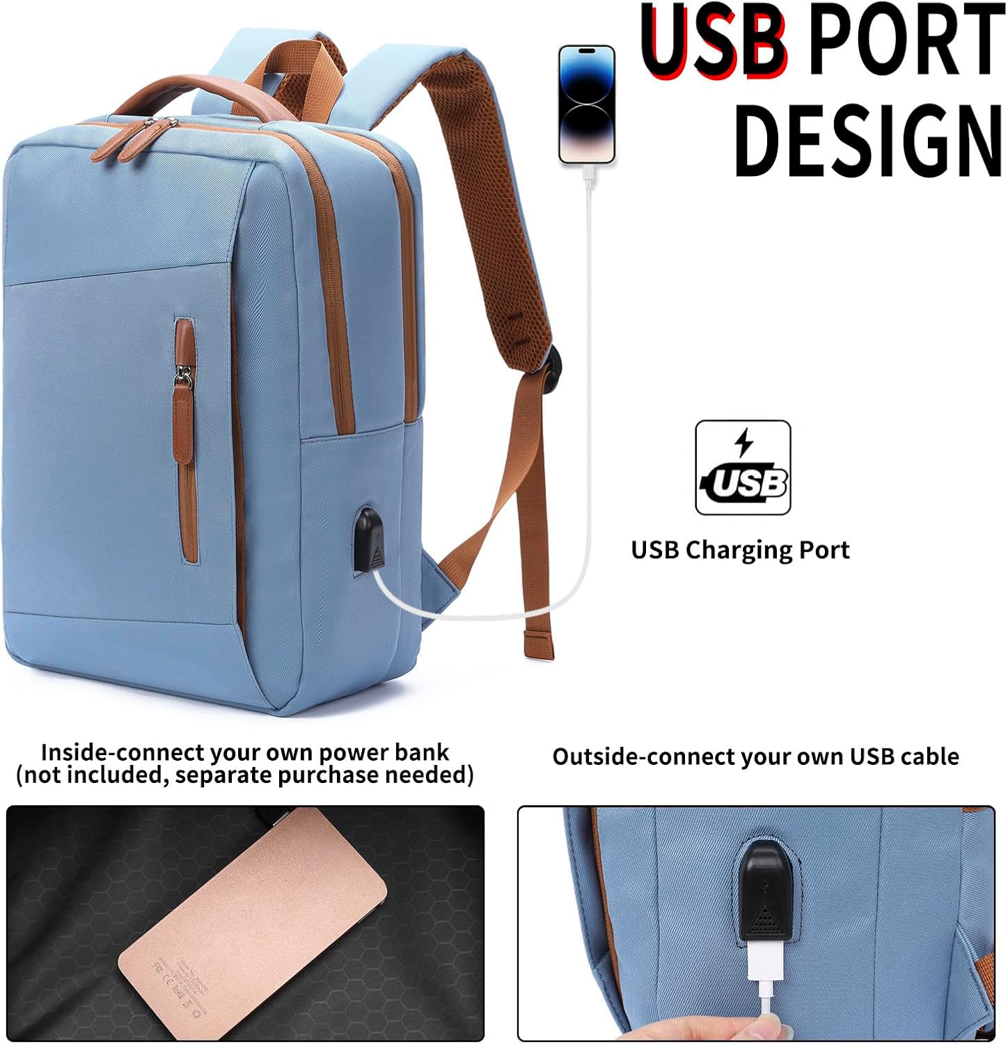 GAEKEAO Laptop Backpack 15.6 Inch Travel Backpack with USB Charging Port Lightweight Daypack Computer Bookbag for Travel Business Work College,Light Blue