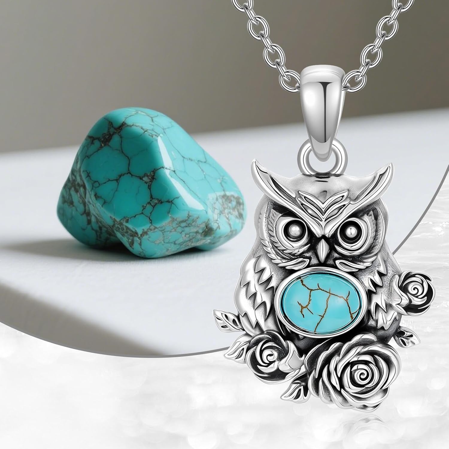 Turquoise Owl Necklace 925 Sterling Silver Genuine Turquoise Rose flower Owl Pendant Jewelry Gifts for Women - Image 7