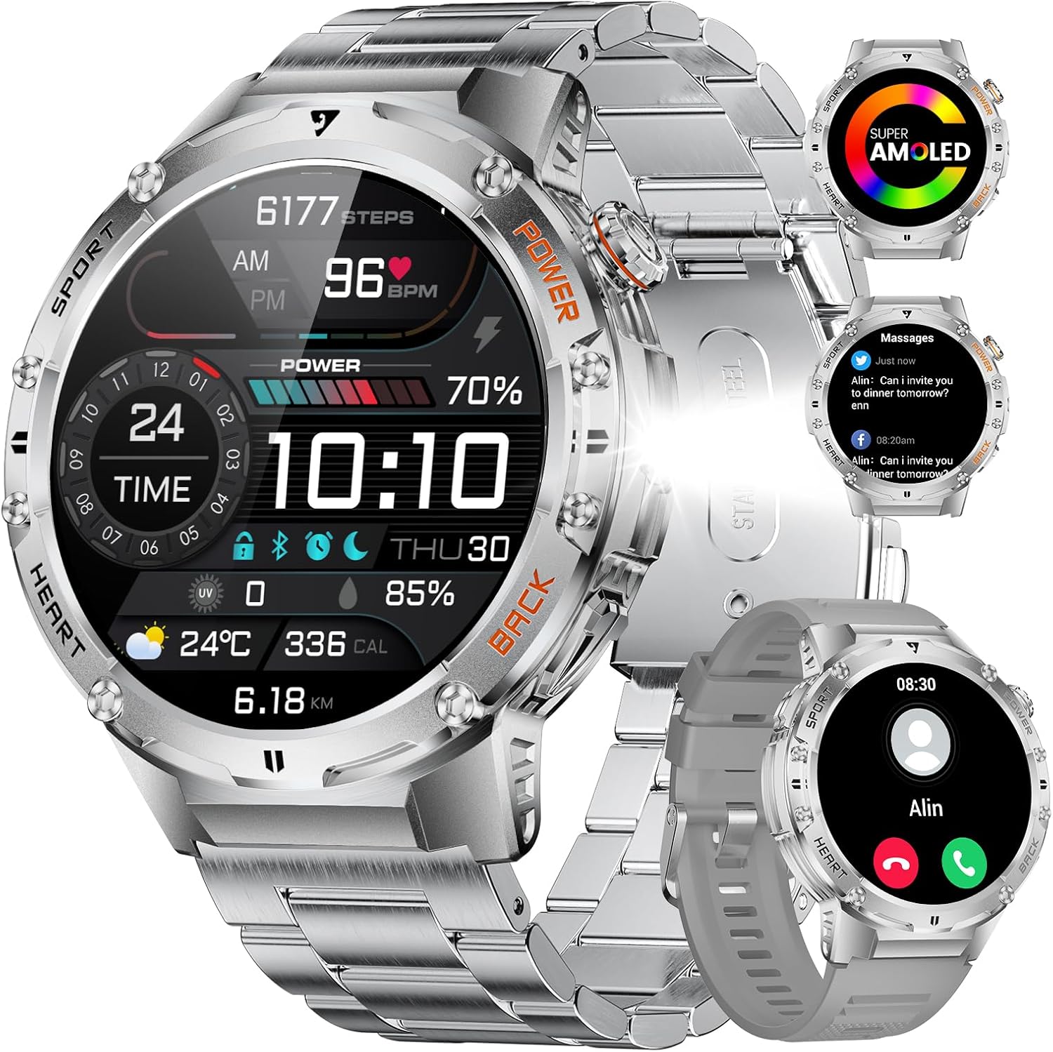 EF7 Smart Watch for Men, Flashlight 100+ Sports Modes Fitness Tracker Watch, 1.43'' AMOLED Display, 5ATM Waterproof, LED Flashlight/Sleep Monitor, Mens Smart Watches for Android iOS
