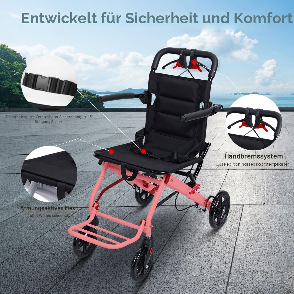 Leichte Rollstühle für Erwachsene, tragbarer Transit-Reisestuhl für Erwachsene mit klappbarem Fußpedal, Rollstuhl mit verstellbarem Sicherheitsgurt, zusammenklappbare Rollstühle für