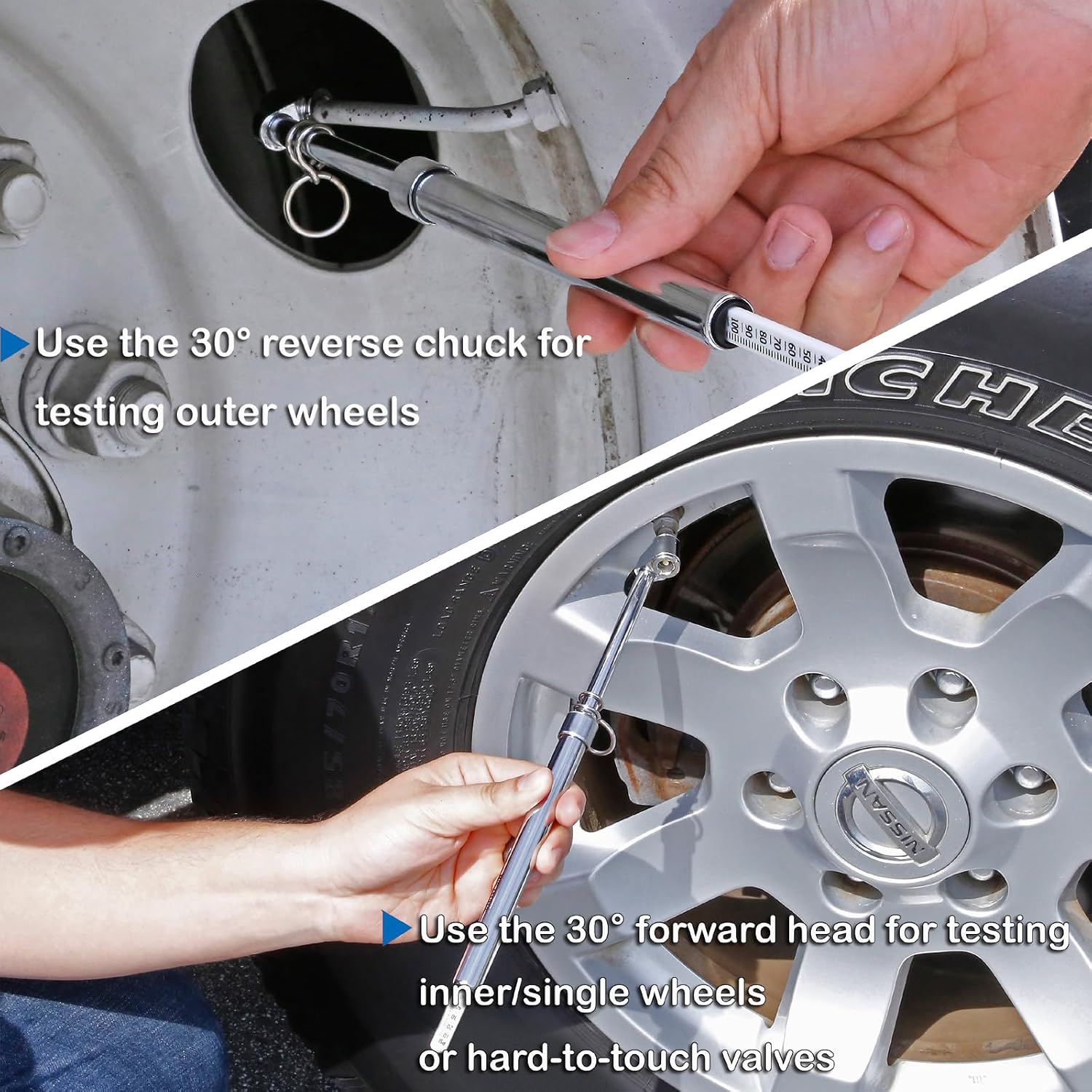 2 Pcs Dual Head Tire Pressure Gauge Heavy Duty Truck Tire Air Gauge 10-150PSI,10-120PSI with Tread Depth Gauge Pencil Tire Gauge Straight-on Tire Checker Extended Tube for Semi Truck Car Motorcycle