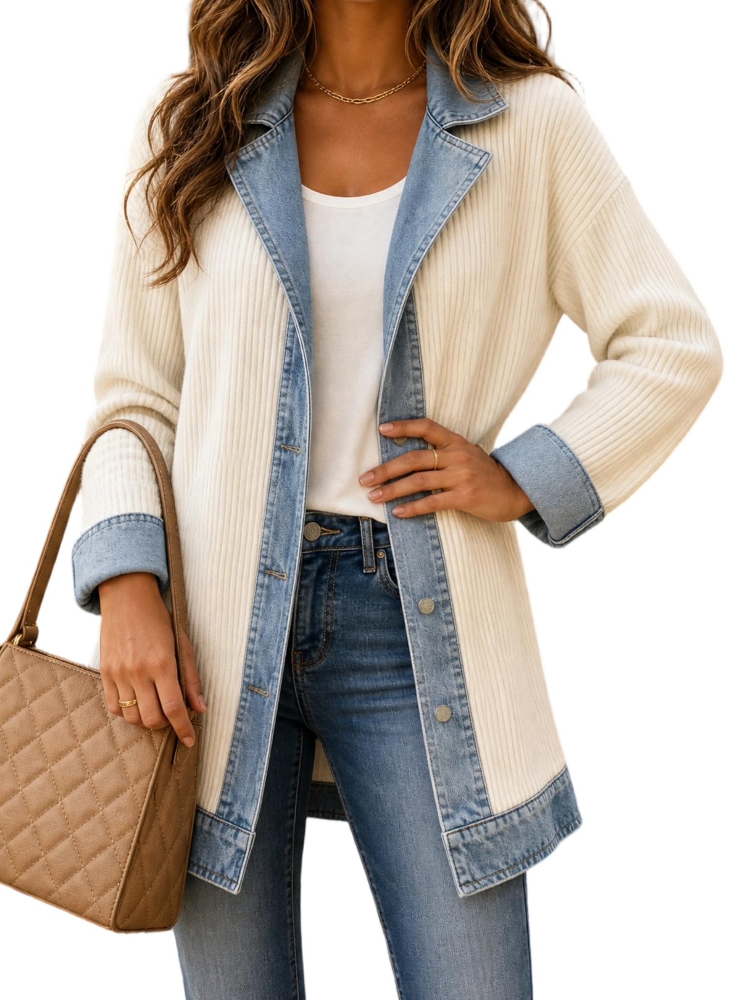 Cardigan da Donna in Denim Patchwork Colletto a Risvolto Mezza Stagione