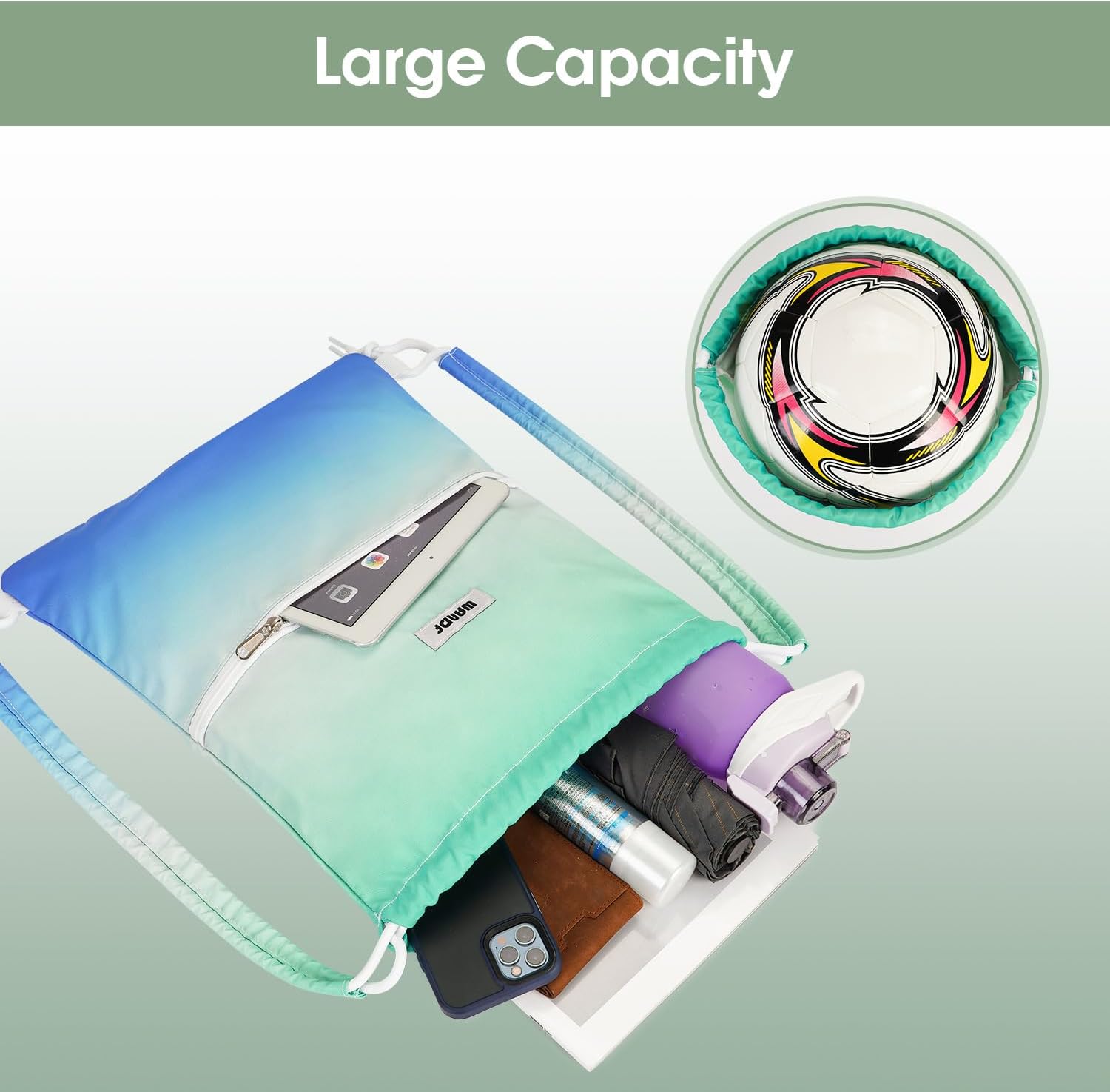 WANDF Drawstring Backpack Sports Gym Bag with Shoulder Pads Water Resistant String Bag Cinch Bag for Women Men (Blue-Green Gradient) - Image 4