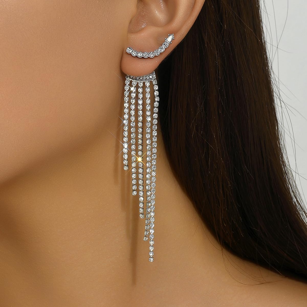 Rhinestone Tassel Earrings for Women Sparkling Gold Silver Crystal Long Chandelier Dangle Drop Earrings Elegant Cubic Zirconia Bridal Wedding Statement Earrings Christmas Prom Party Jewelry - Image 3