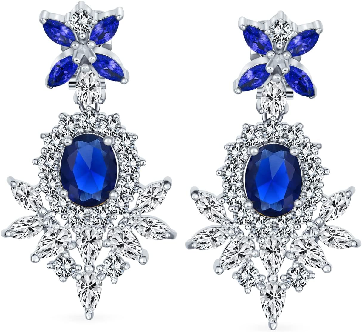 Bridal Art Deco Style Cluster Floral AAA CZ Red Or Black Statement Dangle Teardrop Chandelier Clip On Earrings For Women Simulated Ruby Onyx Silver Plated