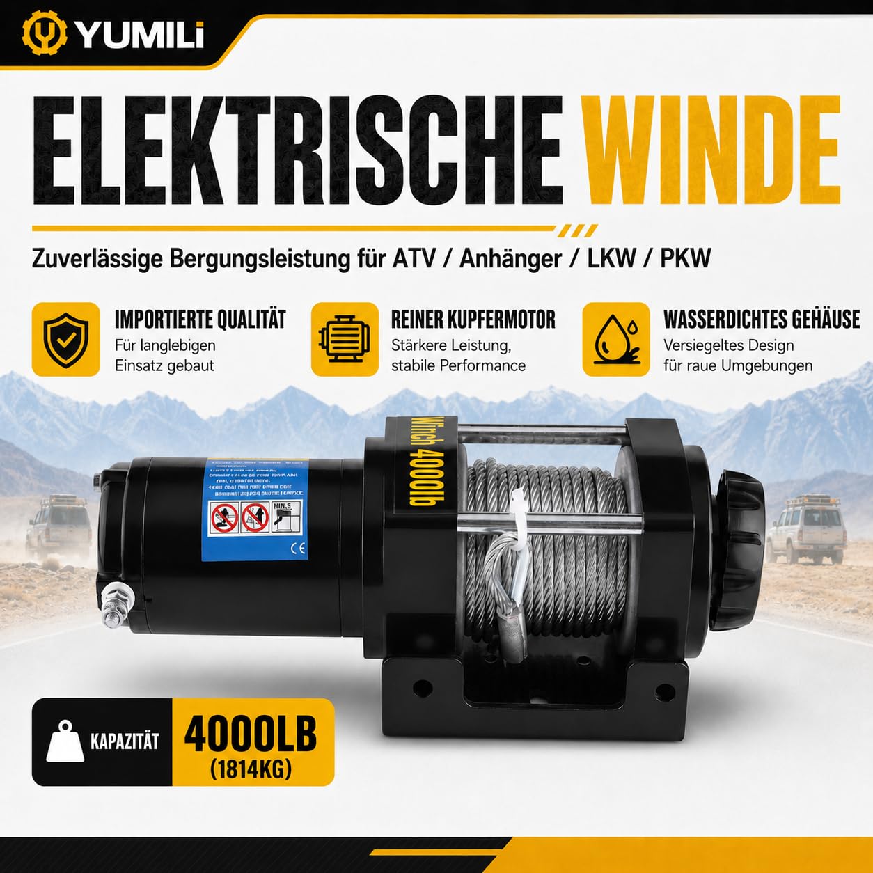 Elektrische Seilwinde 12V, 4000 LBS/ 1818 Kg Motorwinde Seilzug, 4.8mm x 15m Stahlseil Elektrowinde Winde, Wasserdicht nach IP67 mit Fernbedienung, für UTV, ATV, Bootstrailer, Offroad-Bergung