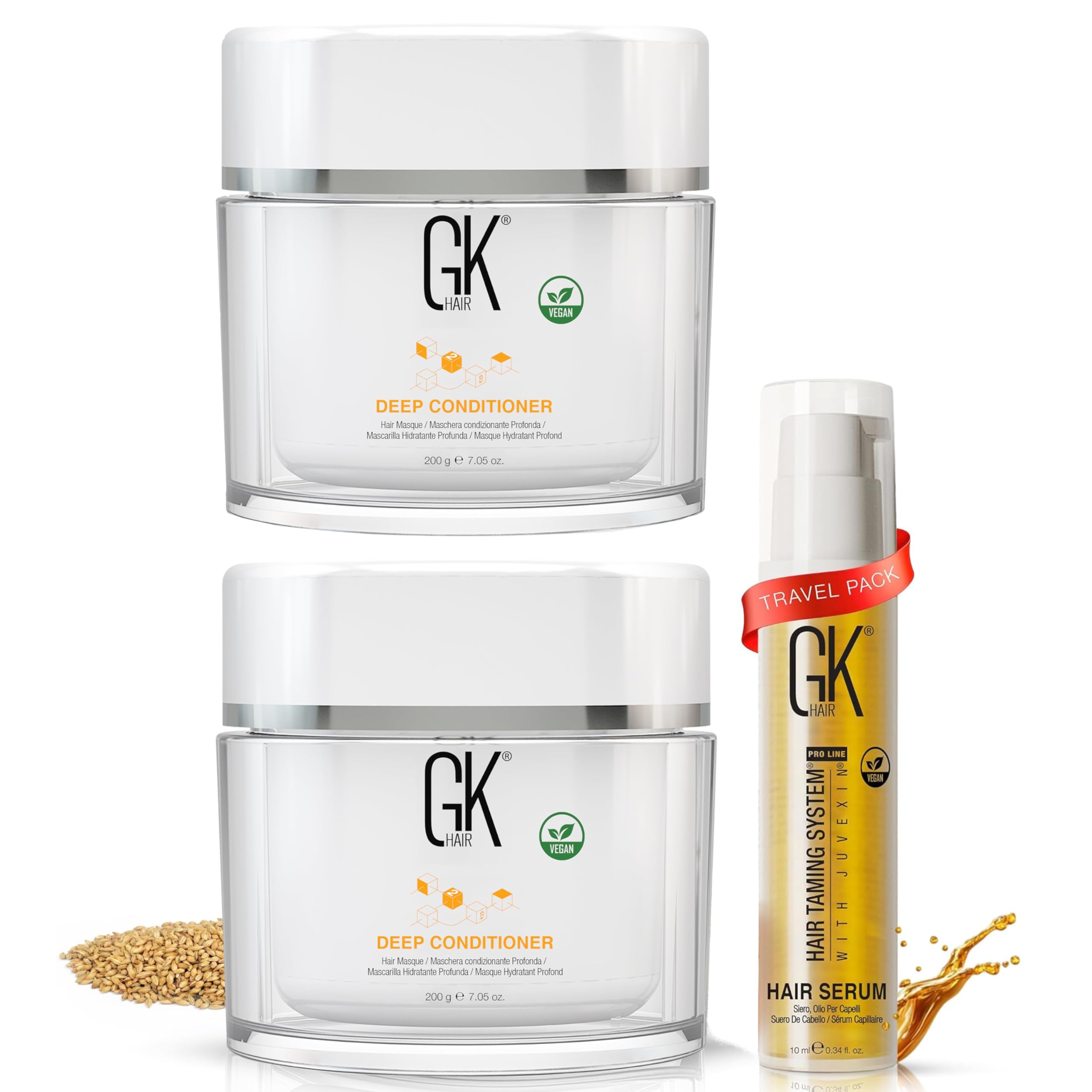 GK Hair Deep Conditioner Masque 2x200g + Argan Oil Hair Serum 0.34 Fl Oz – Maschera Riparatrice Capelli Secchi, Danneggiati e Crespi – Idratante, Nutriente, Liscia & Gestibile – Per Tutti i Tipi di Ca