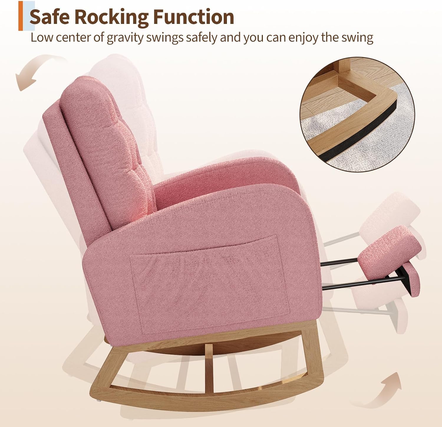 GAOMON Modern Rocking Chair for Living Room, Comfortable Recliner Rocker with Side Pocket, Soft Linen Upholstered Glider Chair for Bedroom, Nursery, Lounge-Pink
